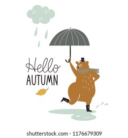 Hello Autumn, cute dancing bear in the rain