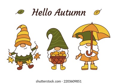 Hello autumn. Cute fall card with gnomes. Cartoon style. Vector illustration.