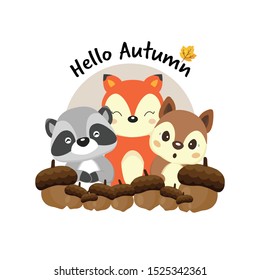 Hello autumn with cute fox, raccoon, squirrel and acorns.