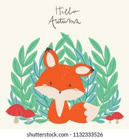 Hello autumn. Cute fox in the wild illustration. Hand drawn art.