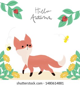 Hello autumn. Cute fox in the wild illustration. Hand drawn art.