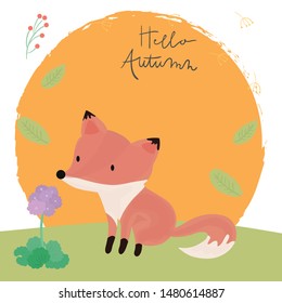 Hello autumn. Cute fox in the wild illustration. Hand drawn art.