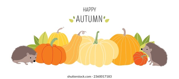 Hello autumn. Cute hedgehogs with many different pumpkins and leaves. Horizontal autumn banner in flat stile. Adorable hedgehog with fall orange vegetables. Vector illustration