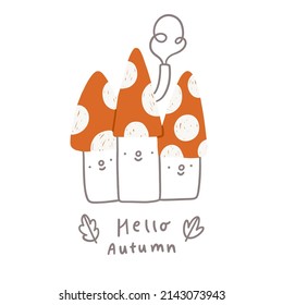 Hello autumn, cute little mushroom houses characters, vector illustration, isolated on white background