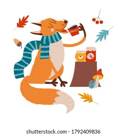 Hello, autumn. Cute red Fox drinking tea with jam.