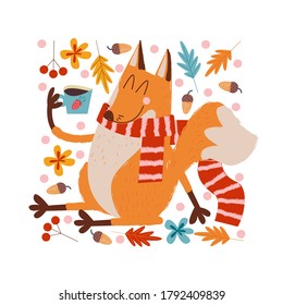 Hello, autumn. Cute red Fox drinking tea.