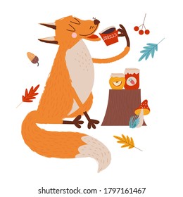 Hello, autumn. Cute red Fox drinking tea with jam.