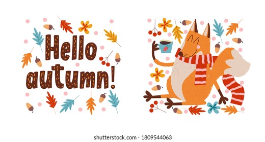 Hello, autumn. Cute red Fox drinking tea.