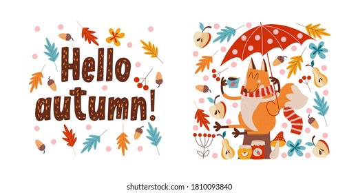 Hola, otoño. El zorro rojo lindo con un paraguas tomando té.