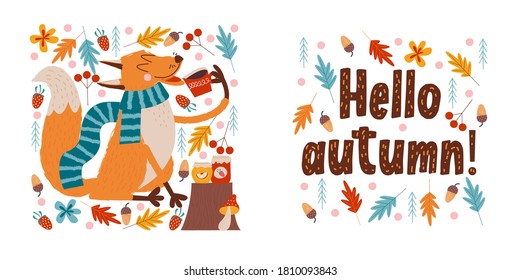 Hello, autumn. Cute red Fox drinking tea with jam.