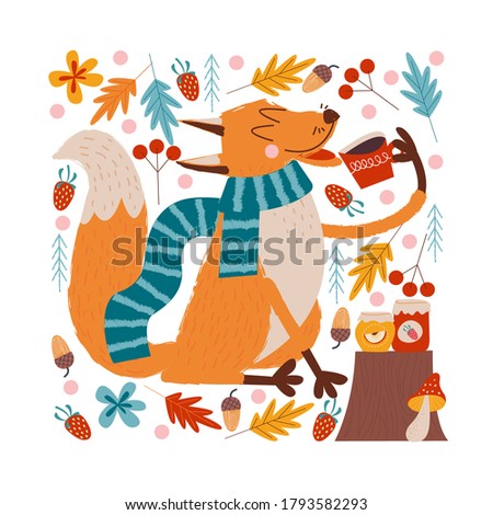 Hello, autumn. Cute red Fox drinking tea with jam.