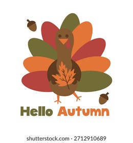 Hello Autumn. Cute Turkey with leaf. Vector illustration. Harvest Vector Typography For T Shirts, Embroidery, Posters, Banners,  Cards, Party Decor, Balloons
