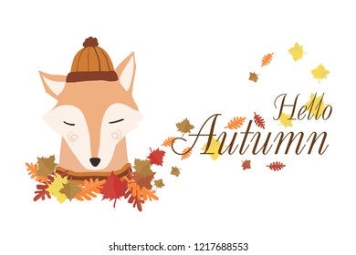 Hello autumn - cute vector hand drawing illustration. Cartoon Fox in hat with scarf in autumn foliage. Seasonal Greetings Poster with text. 