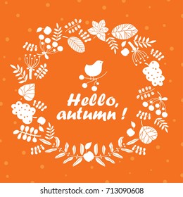 Hello, autumn! Cute vector postcard with bird and leaves.