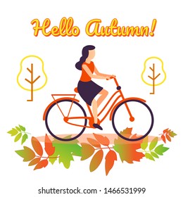 Hello autumn. Cute woman riding a retro bike. Fall landscape, red, yellow, orange, green leaves.