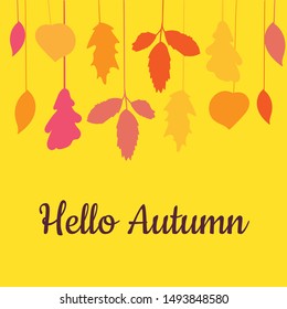 Hello Autumn Decorated Hand Drawn Hanging Leaves Isolated on Yellow Background Banner. Calligraphy Text and Maple, Birch and Oak Leaf. Decorative Season Theme Poster Template Vector Flat Illustration