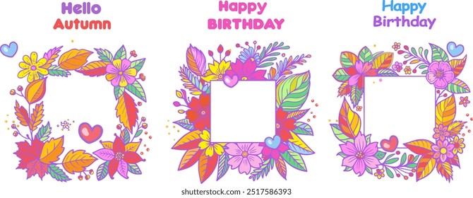 Hello Autumn decoration colorful fall leaves floral frame, border set seasonal flowers Holiday wreath decoration, birthday party greeting card, invitation sign Thank You card easy design banner easy