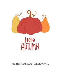 Hola otoño. Composición decorativa de diseño con letras de caída y elementos estacionales. Palabra dibujada a mano con calabazas.