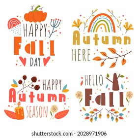 Hello autumn decorative label isolated set design element