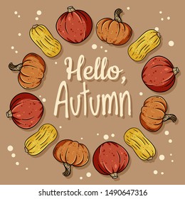 Hello autumn decorative wreath cute cozy banner with pumpkins. Autumn festive poster. Fall harvest postcard