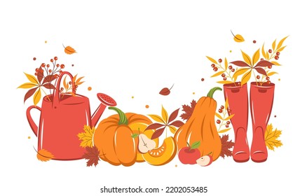 Hello autumn. Design banner with with pumpkin, wellies boots, watering can and autumn leaves. Vector illustration.
