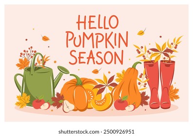 Hello autumn. Design banner with with pumpkin, wellies boots, watering can and autumn leaves. Vector illustration.