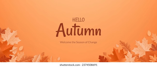 Hello autumn design with nature inspired vector illustration. Featuring vibrant foliage of oak, maple, it's perfect for creating posters, banners, and cards for the fall season. Not AI generated.