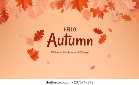 Hello autumn design with nature inspired vector illustration. Featuring vibrant foliage of oak, maple, it's perfect for creating posters, banners, and cards for the fall season. Not AI generated.