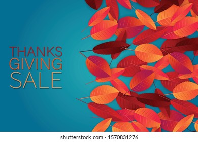 Hello autumn design with red and orange leaves on blue background. Vector illustration.