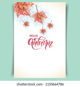Hello autumn design , vector illustration with autumn yellow, red and orange leaves, white background