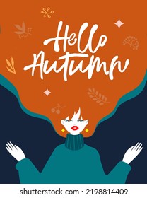 Hola Otoño, diseño con una jovencita alegre de cabello rojo y la inscripción, niña en hojas de otoño, ilustración vectorial