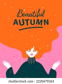 Hello Autumn, design with a young red-haired cheerful girl and the inscription, girl in autumn leaves, vector illustration