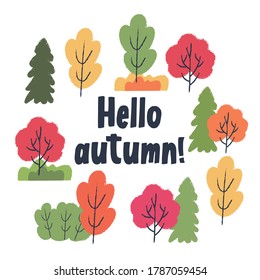 Hello, autumn. Autumn different colored trees and shrubs. Vector set of clipart.