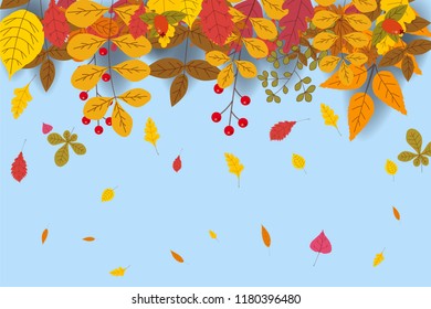 Hello Autumn, discount season, background with falling leaves, yellow, orange, brown, fall, lettering, template for poster, banner, vector, isolated