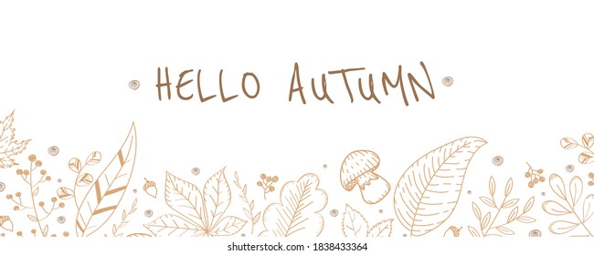 Hello autumn with doodle background and elements. Set of vector autumn and forest elements. Hand drawn banner with falling leaves, acorns and berries. Vector illustration