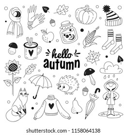 Hello autumn doodle collection. Vector illustration of outline nature and clothes icons, such as hat, gloves, scarf, umbrella, pumpkin, leaves, fruits, sunflower and corn. Isolated on white.