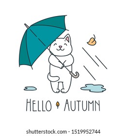 Hello autumn. Doodle illustration of cute white cat under umbrella in bad weather. Vector 8 EPS