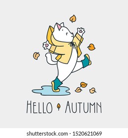 Hello autumn. Doodle illustration of a cute white cat in a raincoat and rubber boots jumping over a puddle on an autumn walk. Vector 8 EPS