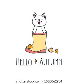 Hello autumn. Doodle illustration of happy white cat sitting in the rubber boot isolated on white background. Vector 8 EPS