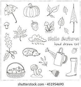 Hello Autumn doodle set. Traditional symbols: rain, clouds, fallen leaves, rain boots, umbrellas, mushrooms, fall harvest.  vector isolated illustration