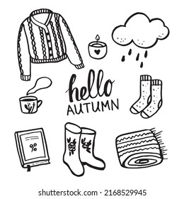 Hello Autumn doodle set Warm things. Vector illustration