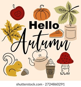 Hola otoño Doodle Vector tarjeta de fondo