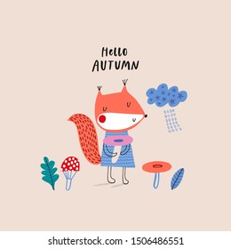 Hello autumn: doodle vector illustration with cute little squirrel and mushrooms for kids. For autumn greeting cards, t-shirt prints, scrapbook. Fashion baby print in orange, green and blue colors.