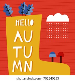 Hello autumn: doodle vector illustration with cute gumboot for kids. For autumn greeting cards, t-shirt prints, scrapbook. Fashion baby print in red, yellow and blue colors.