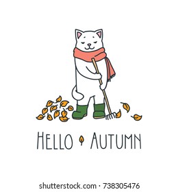 Hello autumn. Doodle vector illustration of funny white cat raking autumn leaves