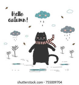 ¡Adiós otoño! Dibujo vectorial de perro de gato negro divertido. Fondo del doodle de otoño. Gracioso personaje de caricatura. Ilustración vectorial.