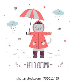 Hello autumn! Doodle vector illustration of cat holding umbrella with cartoon clouds and rain drops. Autumn doodle background. Funny cartoon character. Vector illustration.