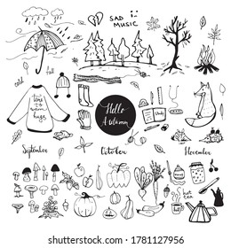 Hola juego de vectores de doodle de otoño. ... Ilustración del vector