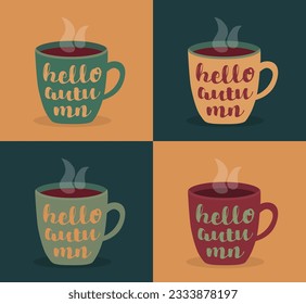 Hola otoño, texto de saludo editable sobre una taza de café o una taza de té, icono de bebida caliente para el menú de café o café