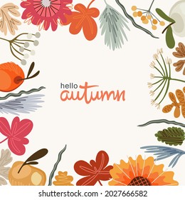 
Hola otoño. Elegante carta con composición de hojas y plantas estacionales. Estilo artístico de dibujar a mano. Gráficos vectoriales de moda